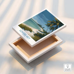 Lovers Key Florida Canvas Print | Tropical Beachfront Scenery Poster displayed on a decorative wooden box.