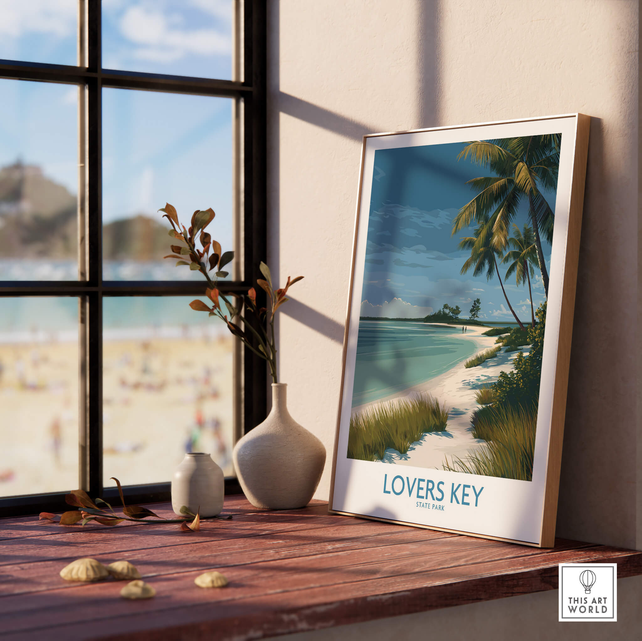 Lovers Key Florida Canvas Print | Tropical Beachfront Scenery Poster displayed by a window with beach view.