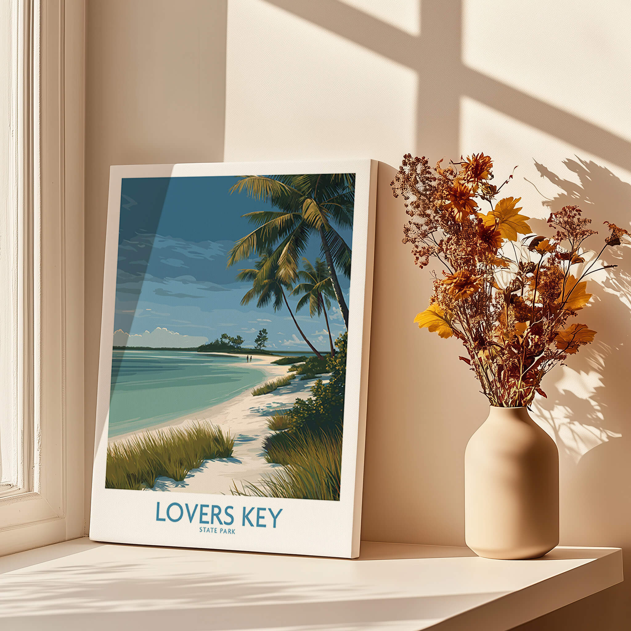 Lovers Key Florida Canvas Print | Tropical Beachfront Scenery Poster displayed on a windowsill with flowers.
