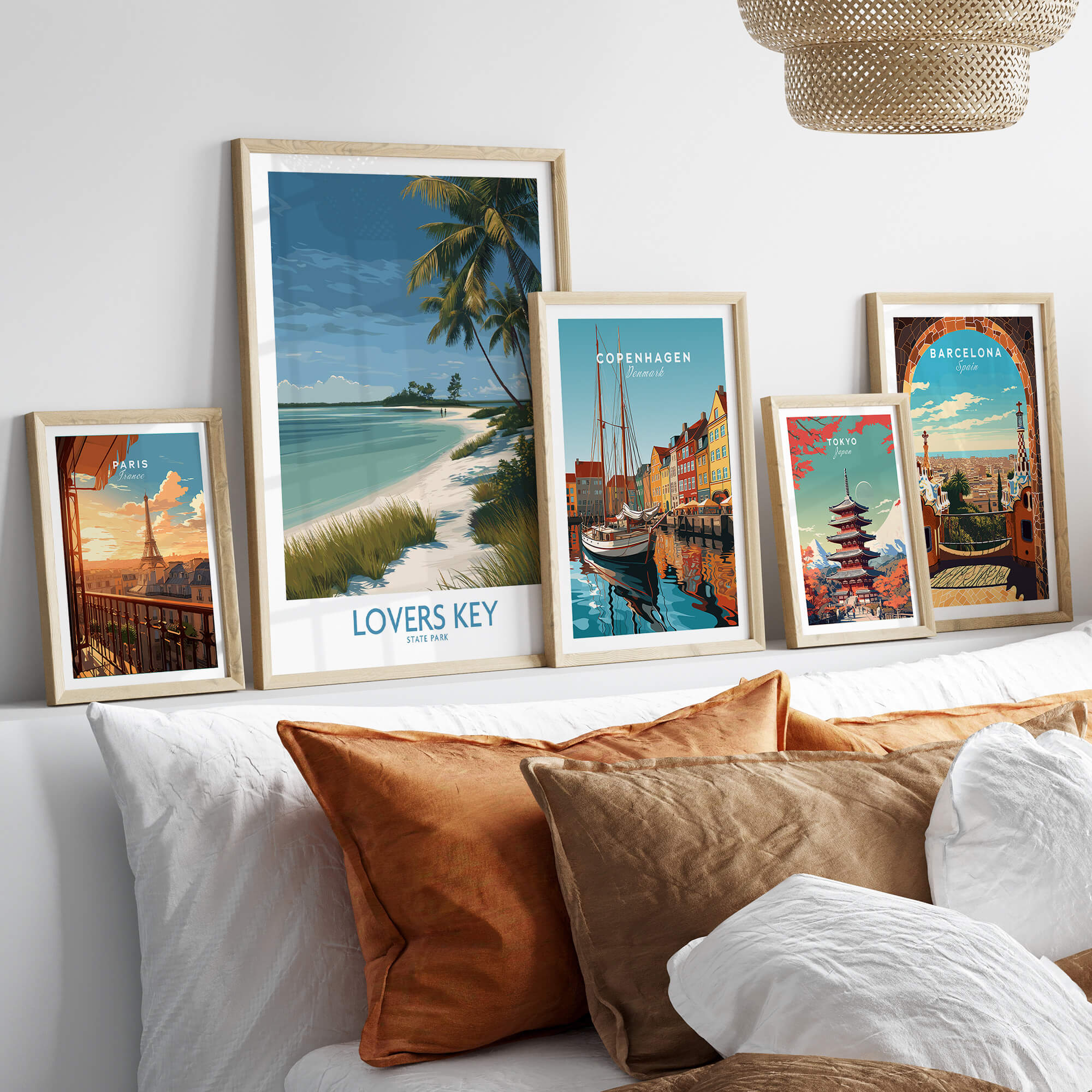 Lovers Key Florida Canvas Print | Tropical Beachfront Scenery Poster displayed on a wall with other travel posters.
