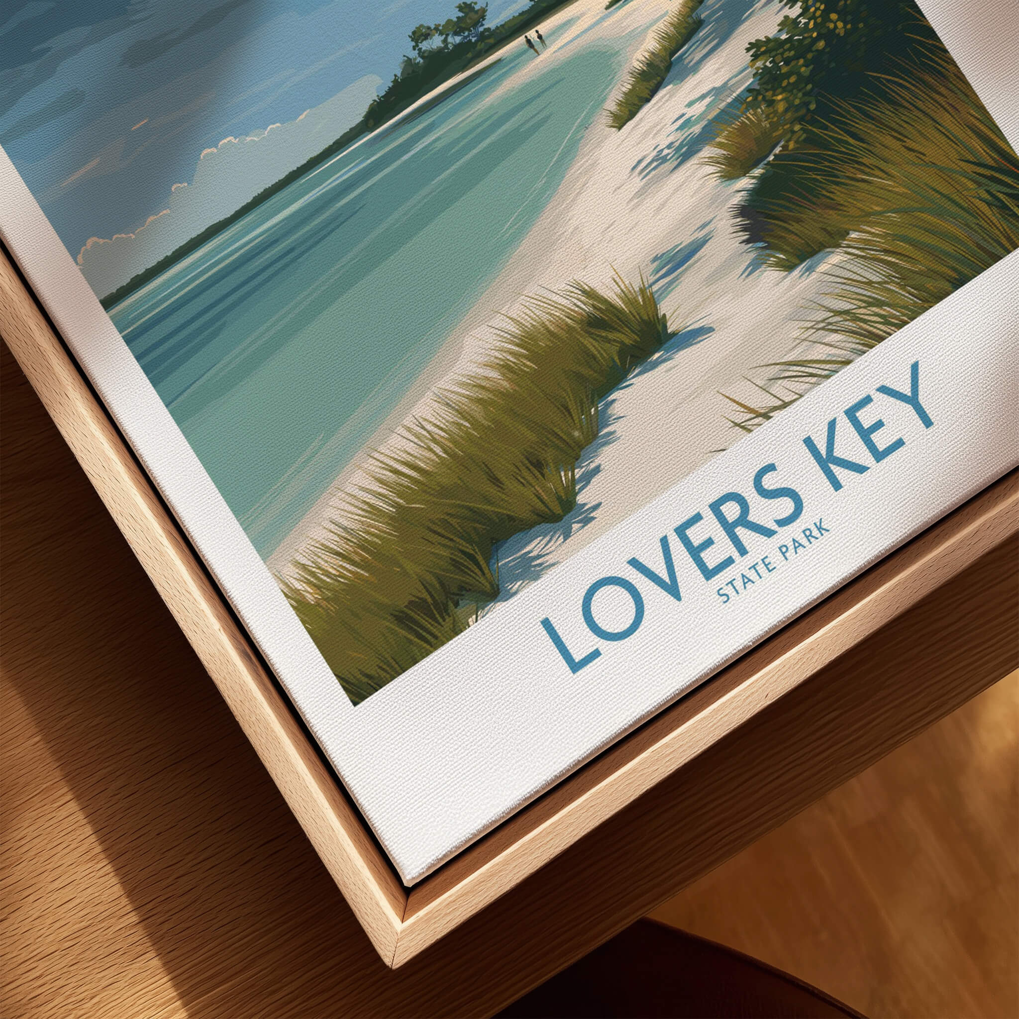 Lovers Key Florida Canvas Print | Tropical Beachfront Scenery Poster in a wooden frame on a table.