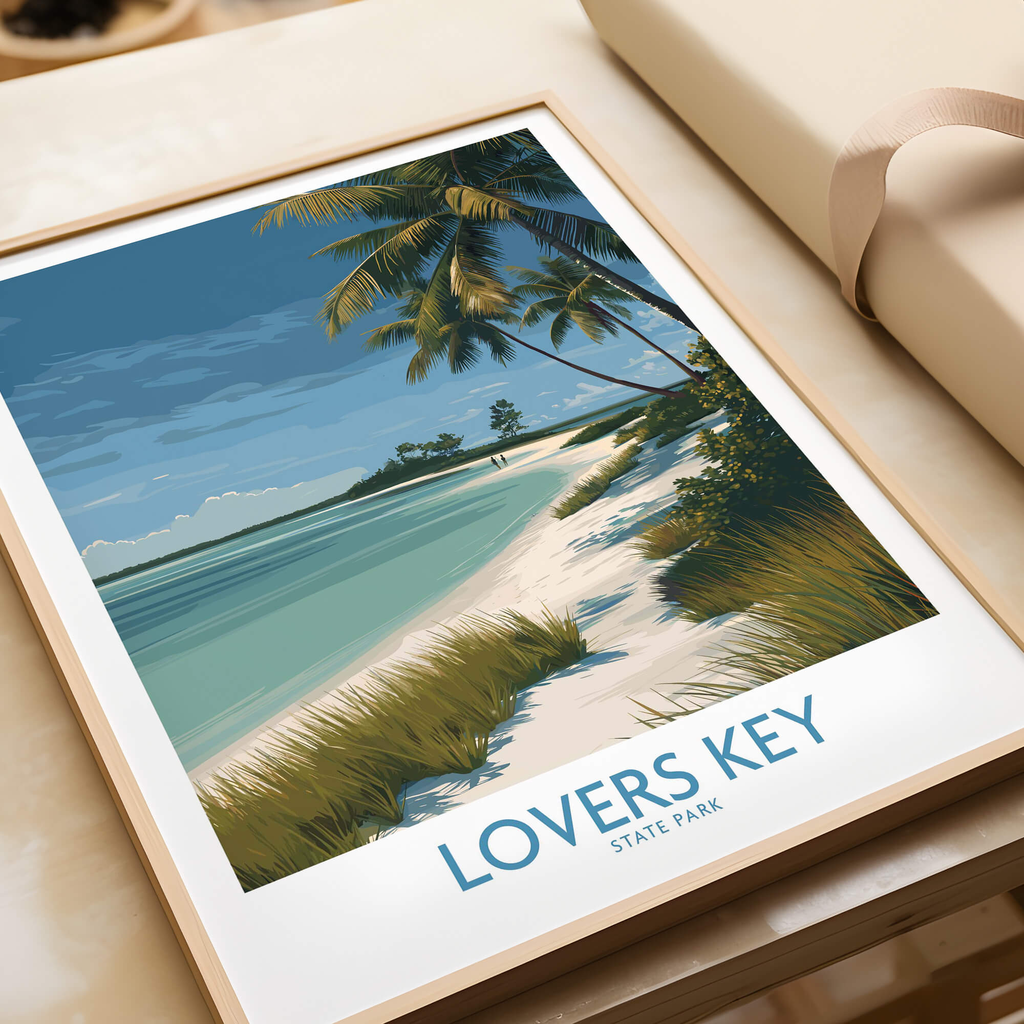 Lovers Key Florida Canvas Print | Tropical Beachfront Scenery Poster showcasing a serene beach with palm trees and clear waters.