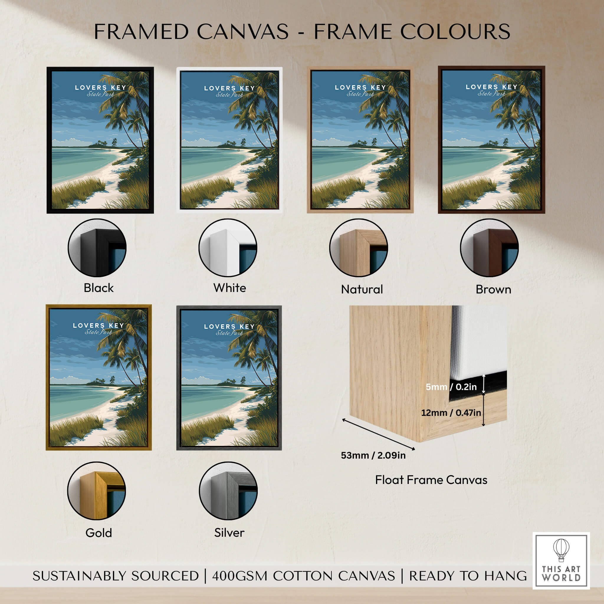 Lovers Key Florida Travel Poster | Coastal Path & Dunes Wall Art Print displayed in various frame colors options.