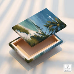 Lovers Key Florida Travel Poster | Coastal Path & Dunes Wall Art Print - Open wooden box with vibrant beach illustration.