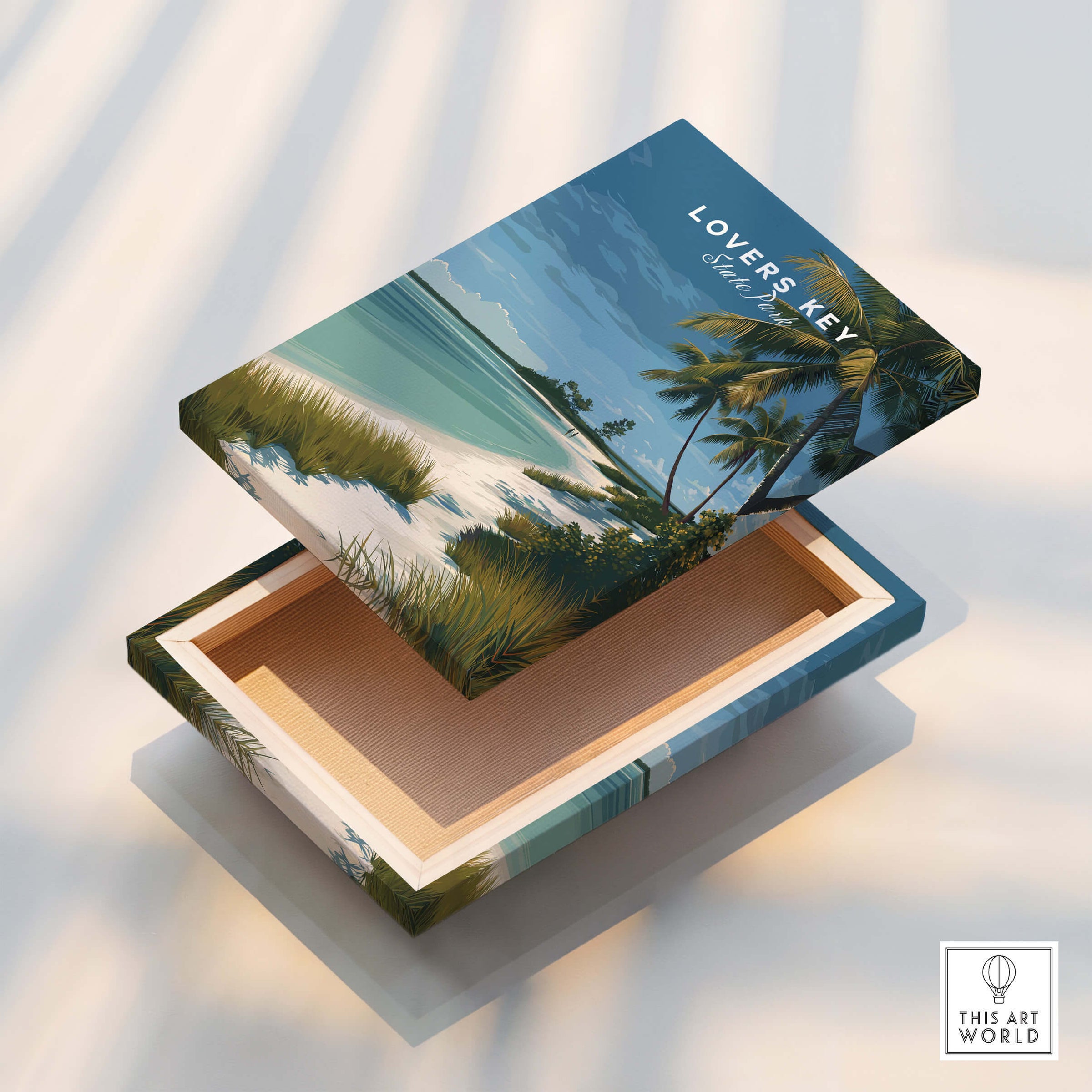 Lovers Key Florida Travel Poster | Coastal Path & Dunes Wall Art Print - Open wooden box with vibrant beach illustration.