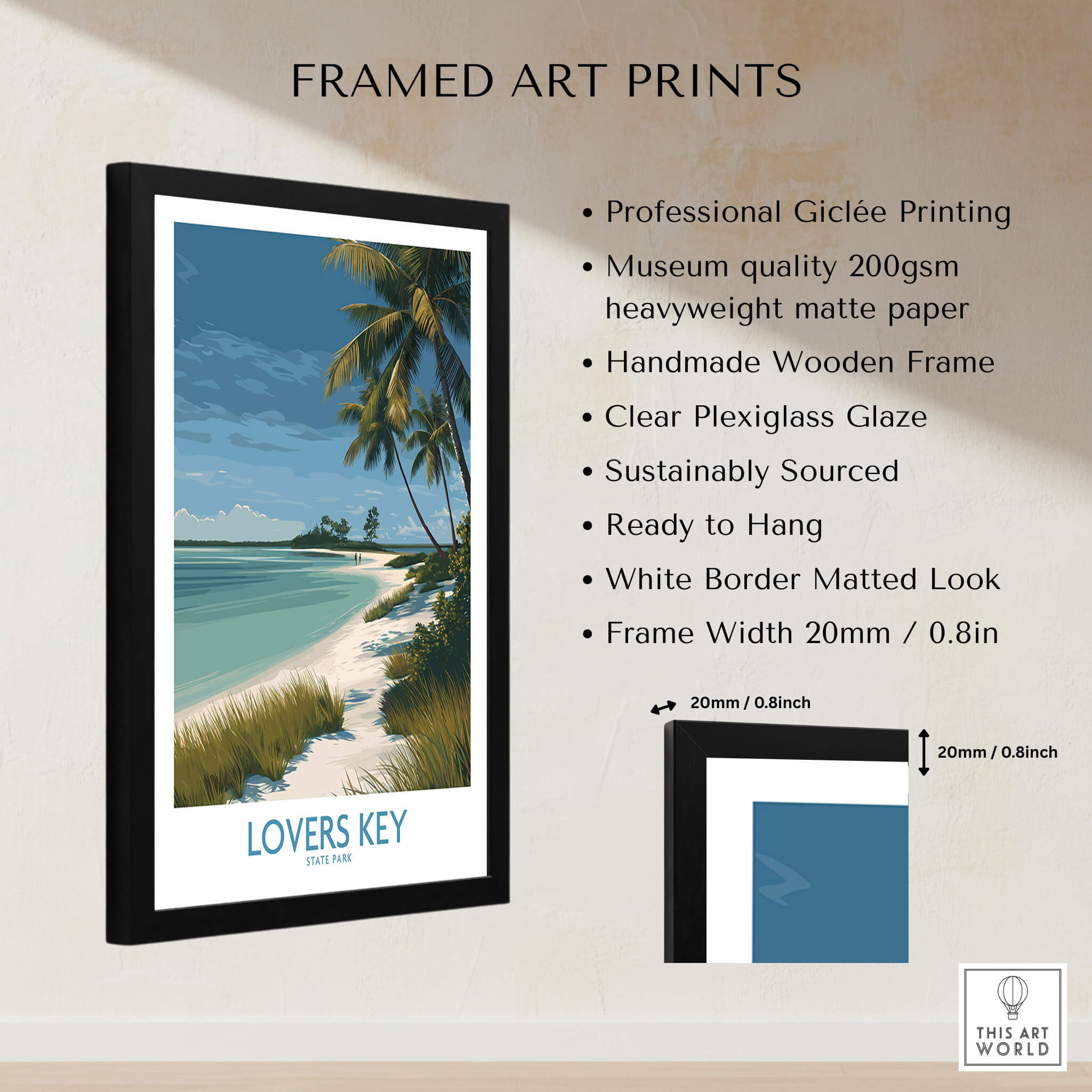 Lovers Key Florida Canvas Print | Tropical Beachfront Scenery Poster framed art print featuring palm trees and coastal view.