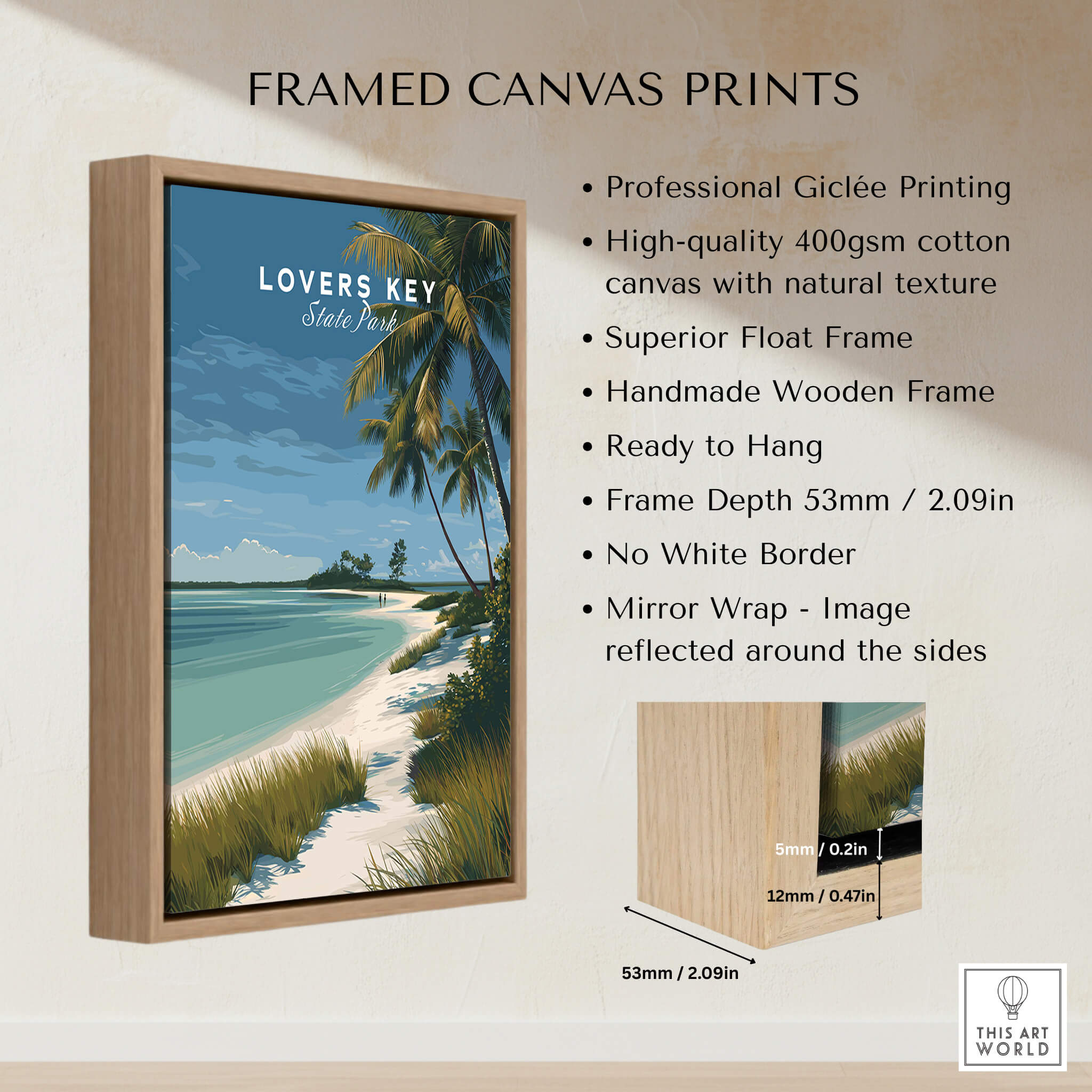 Lovers Key Florida Travel Poster | Coastal Path & Dunes Wall Art Print displayed in a professional wooden frame.
