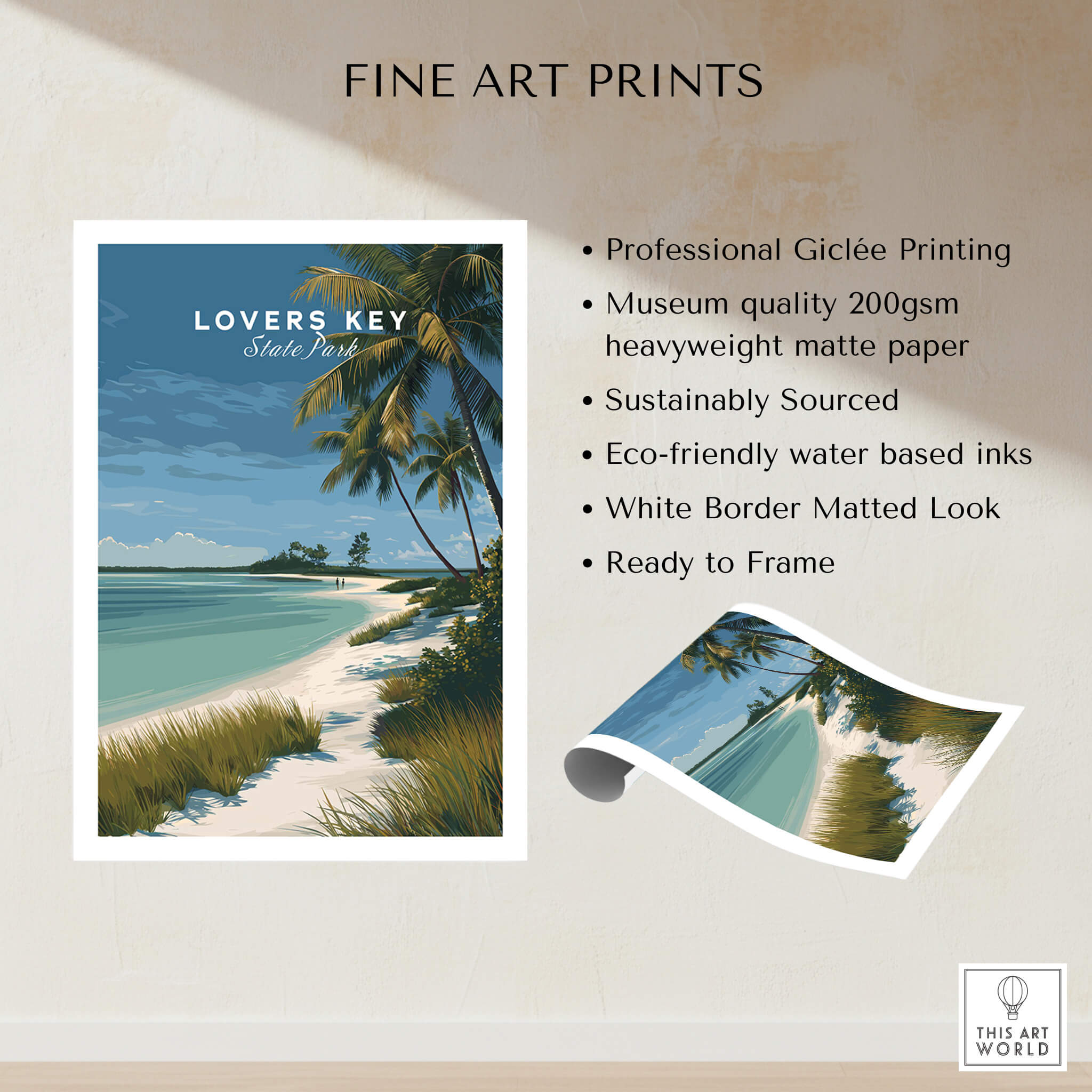 Lovers Key Florida Travel Poster | Coastal Path & Dunes Wall Art Print showcasing coastal scenery and palm trees.