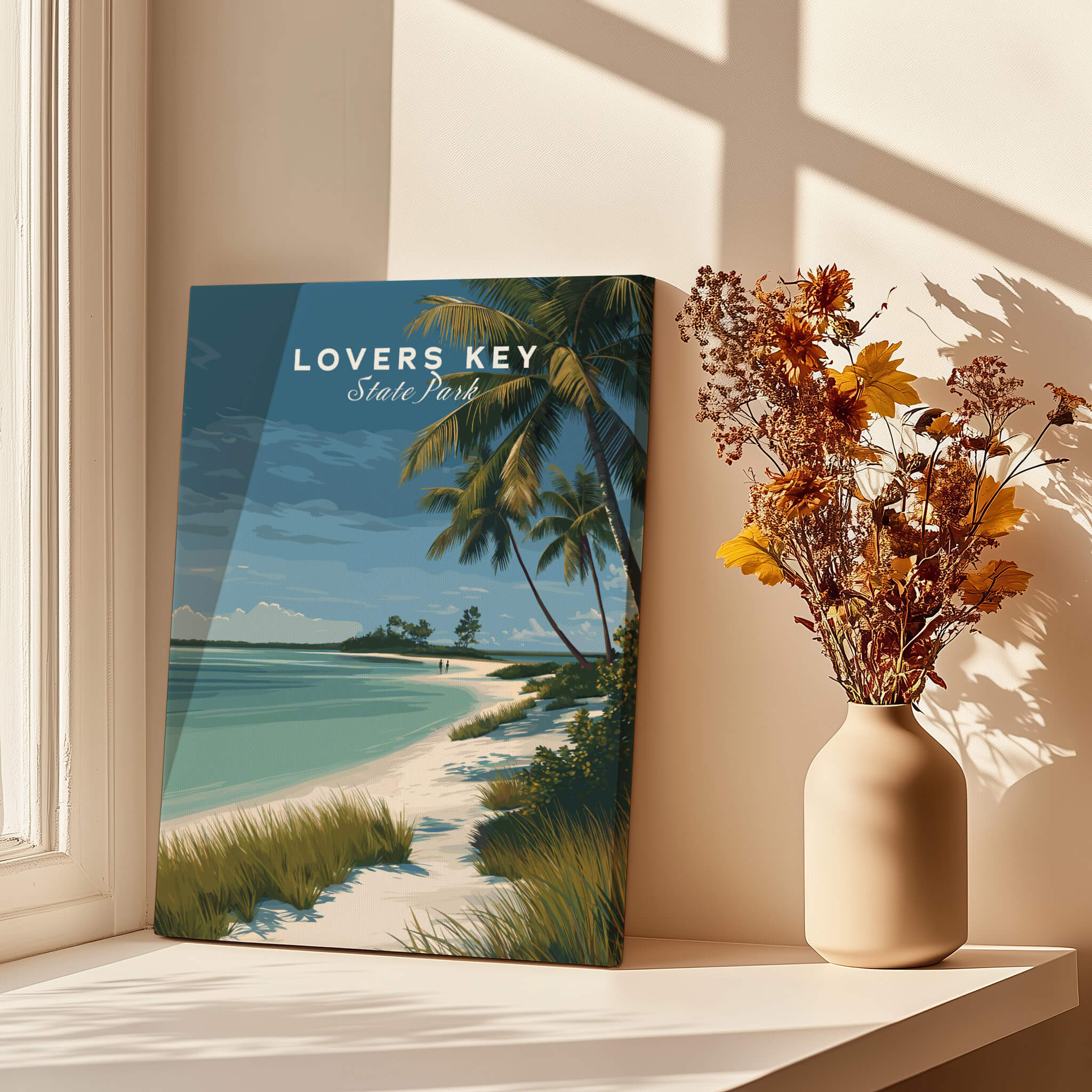 Lovers Key Florida Travel Poster | Coastal Path & Dunes Wall Art Print featuring a serene beach and palm trees.