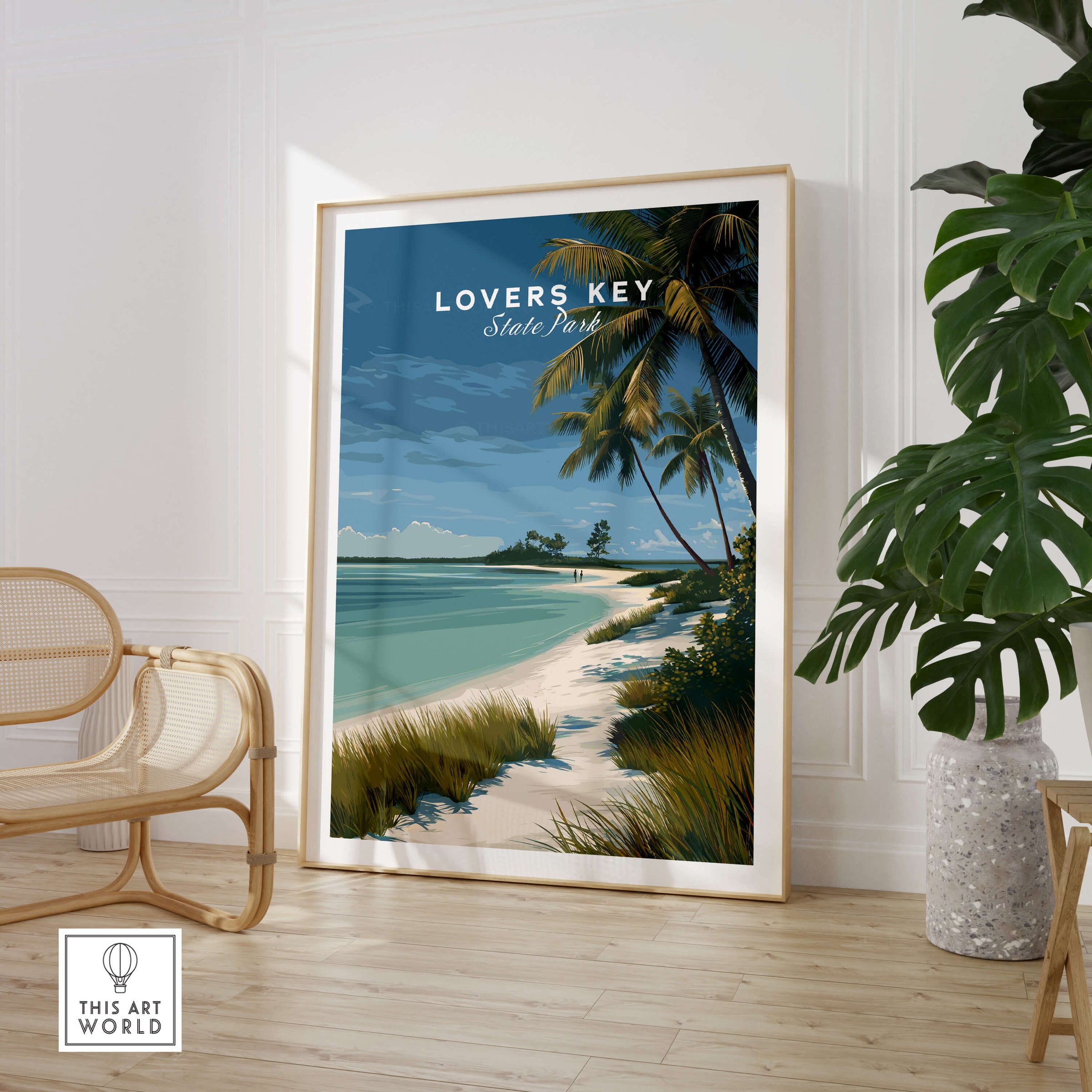 Lovers Key Florida Travel Poster | Coastal Path & Dunes Wall Art Print featuring a serene coastal view with palm trees.