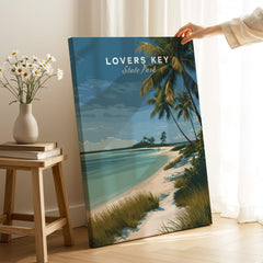 Lovers Key Florida Travel Poster | Coastal Path & Dunes Wall Art Print featuring tropical beach and palm trees.