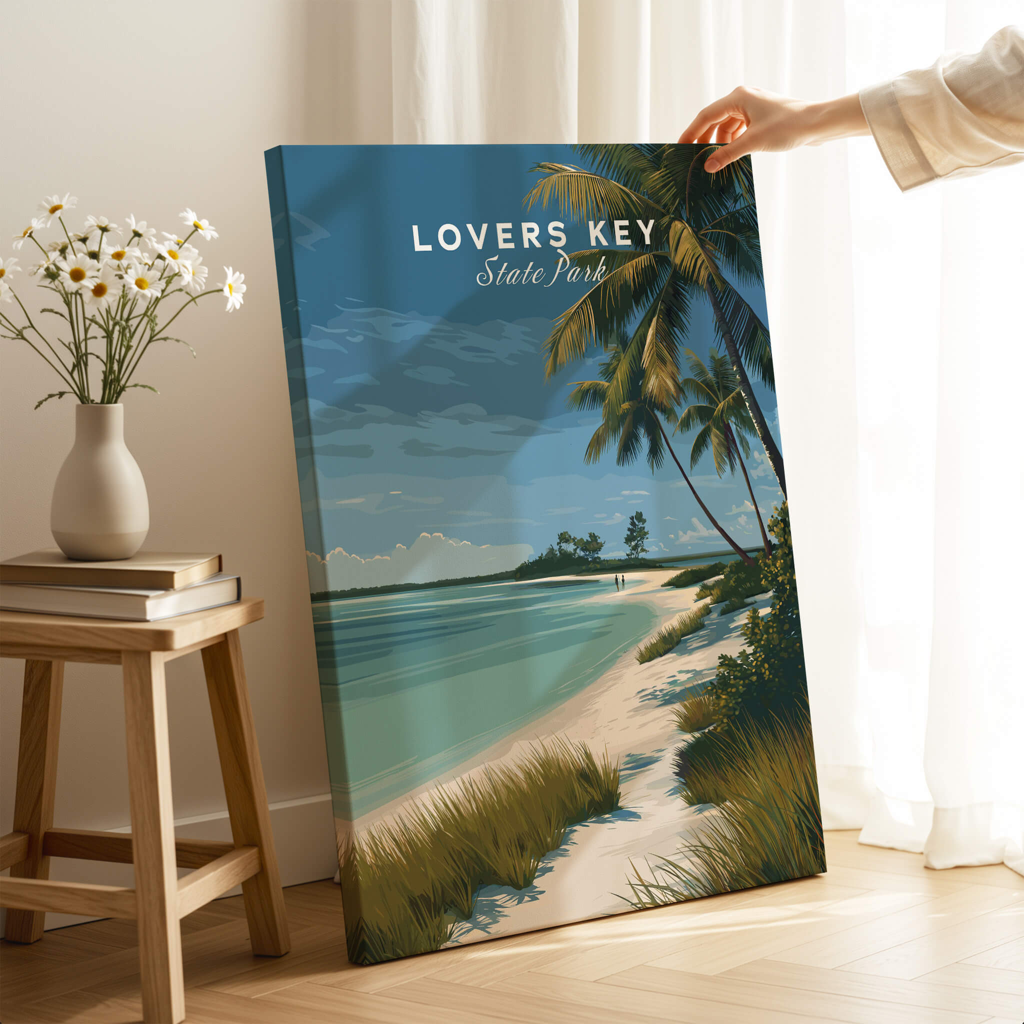 Lovers Key Florida Travel Poster | Coastal Path & Dunes Wall Art Print featuring tropical beach and palm trees.