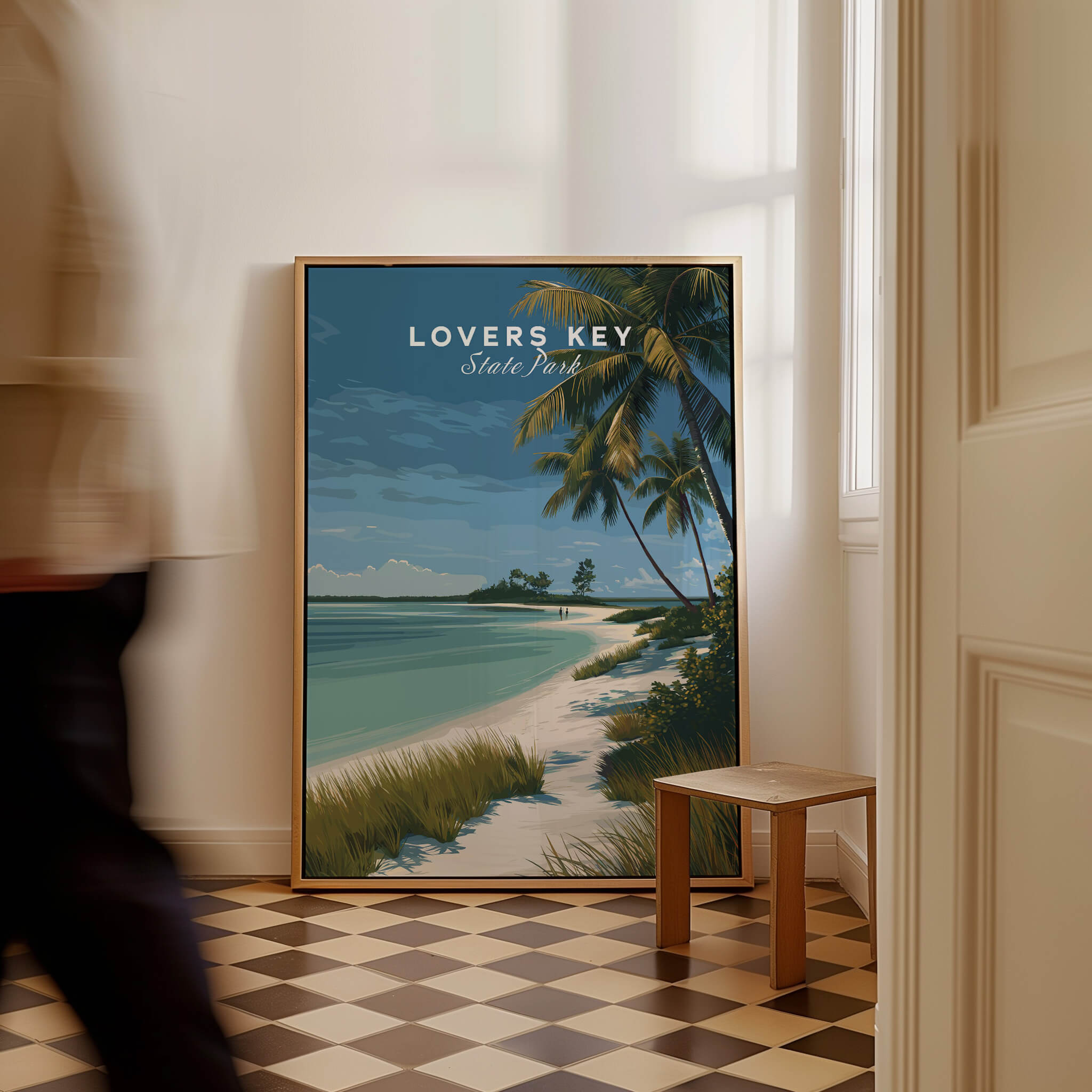 Lovers Key Florida Travel Poster | Coastal Path & Dunes Wall Art Print featured in a cozy interior with palm trees.