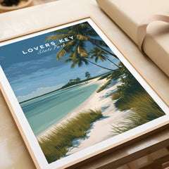 Lovers Key Florida Travel Poster | Coastal Path & Dunes Wall Art Print showcasing a serene beach scene with palm trees.