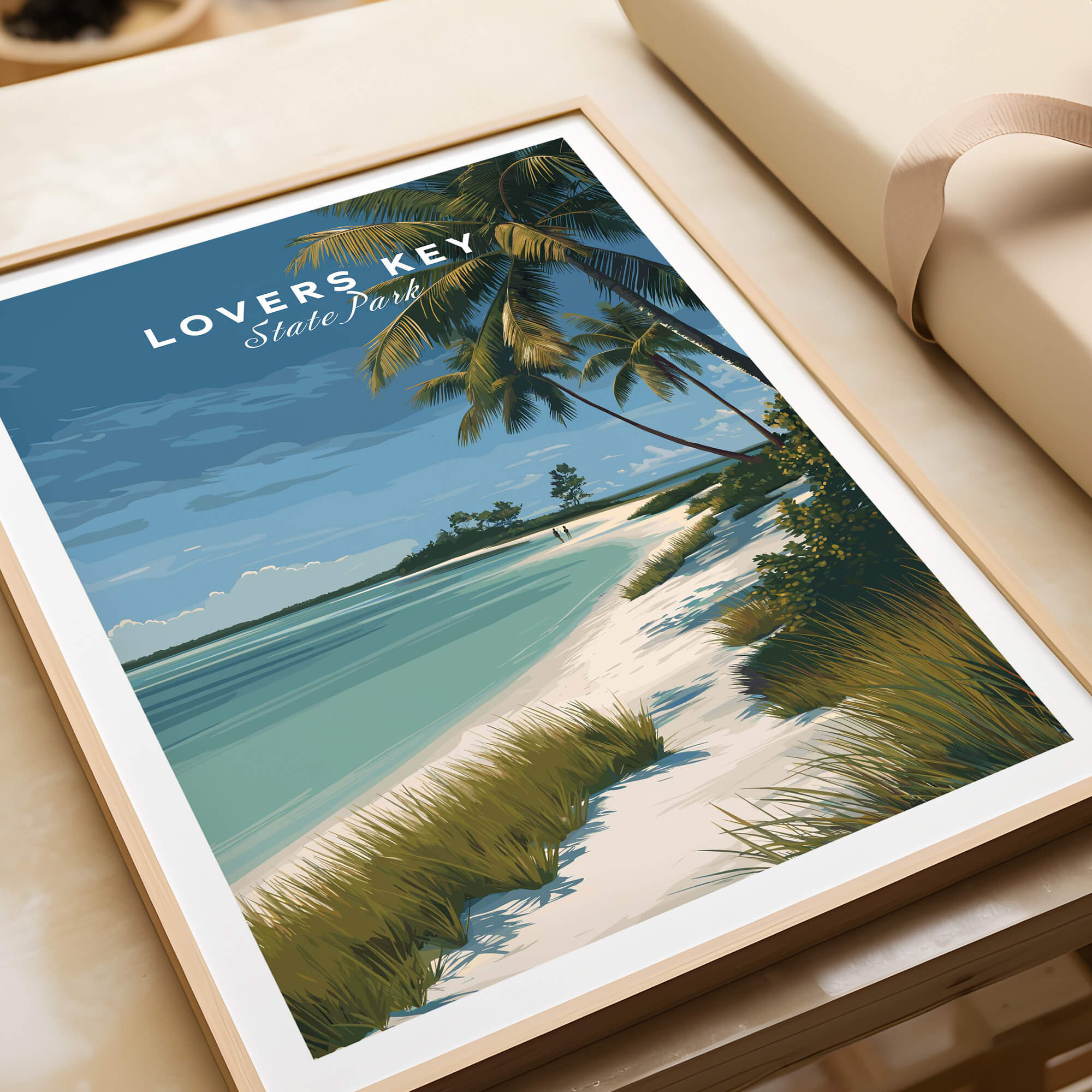 Lovers Key Florida Travel Poster | Coastal Path & Dunes Wall Art Print showcasing a serene beach scene with palm trees.