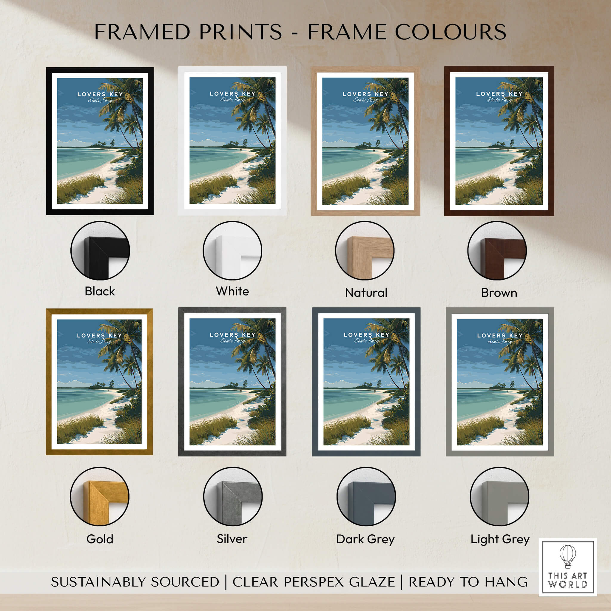 Lovers Key Florida Travel Poster | Coastal Path & Dunes Wall Art Print framed in various color options including black, white, and gold.