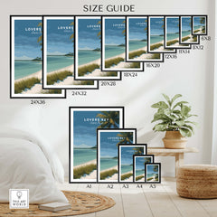 Lovers Key Florida Travel Poster | Coastal Path & Dunes Wall Art Print size guide showcasing various frame dimensions.