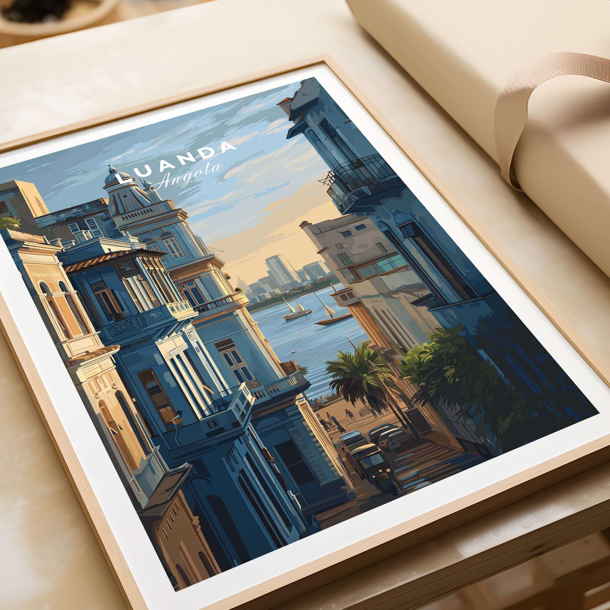 Luanda Print - African Cityscape Poster - Coastal Travel Decor framed art showcasing vibrant waterfront view.