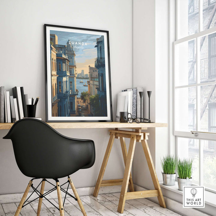 Luanda cityscape poster displayed in a modern workspace, enhancing coastal travel decor.