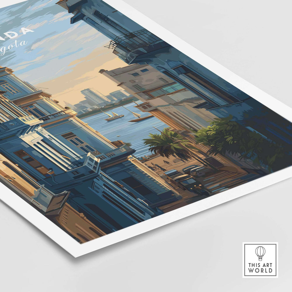 Luanda cityscape poster showcasing vibrant buildings and waterfront view, perfect for coastal travel decor.