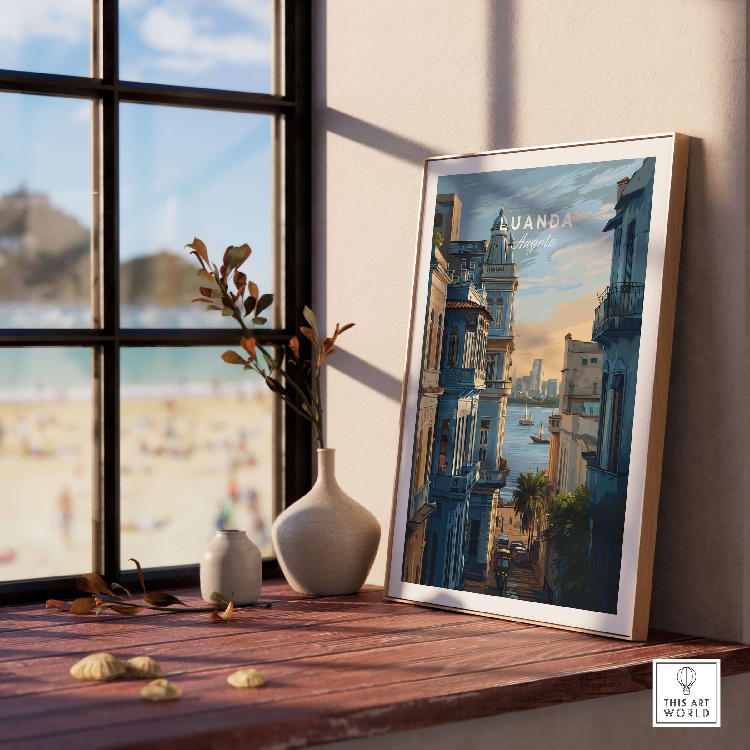 Luanda Print - African Cityscape Poster - Coastal Travel Decor displayed on a wooden shelf near a window.
