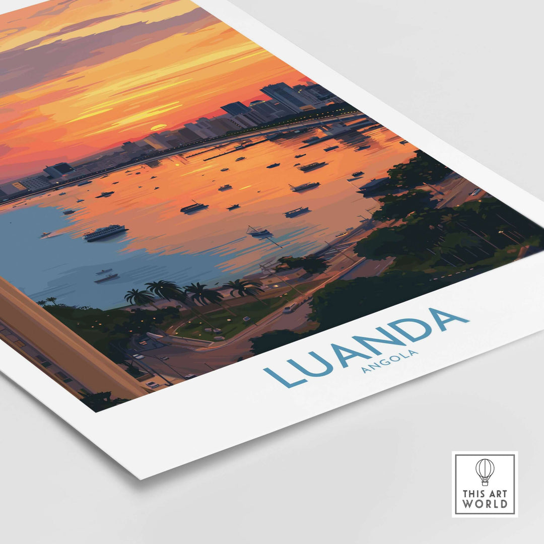 Luanda cityscape sunset art print showcasing vibrant colors over Angola Bay
