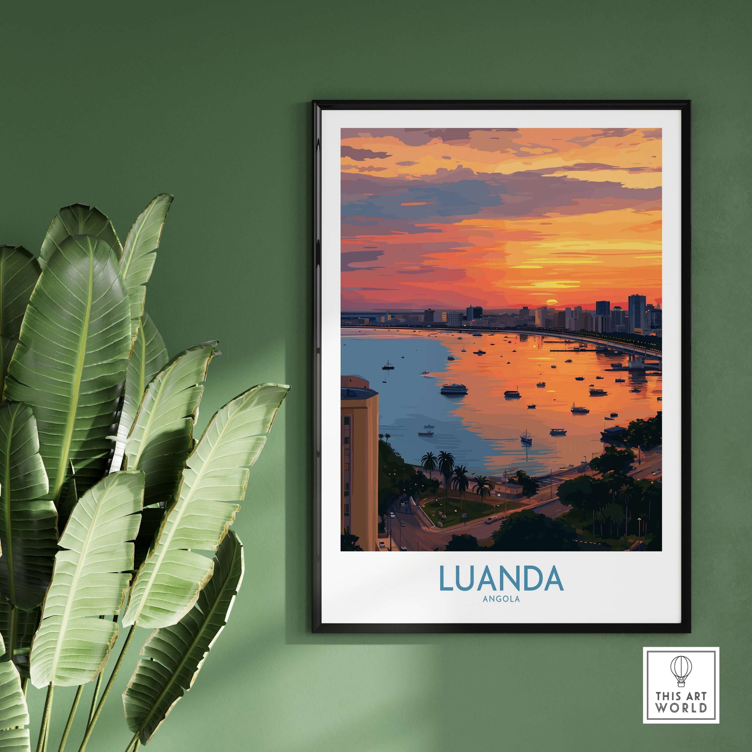 Luanda Poster - Angola Bay Cityscape Sunset Art Print - City Wall Decor displayed in a modern setting with greenery.
