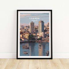 Luanda Art Print - African City Poster - Kwanza River Boats Wall Decor showcasing urban landscape and river.