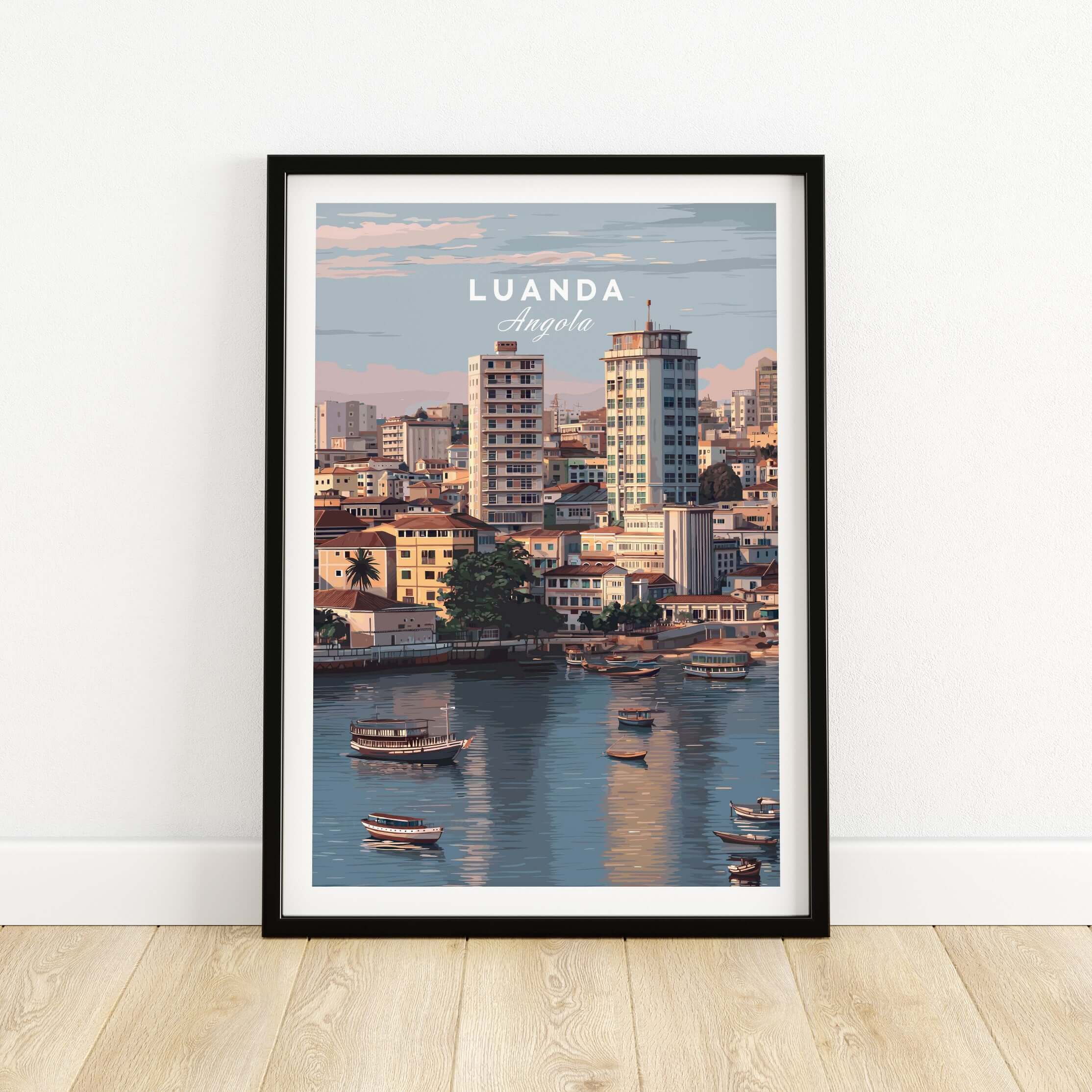 Luanda Art Print - African City Poster - Kwanza River Boats Wall Decor showcasing urban landscape and river.