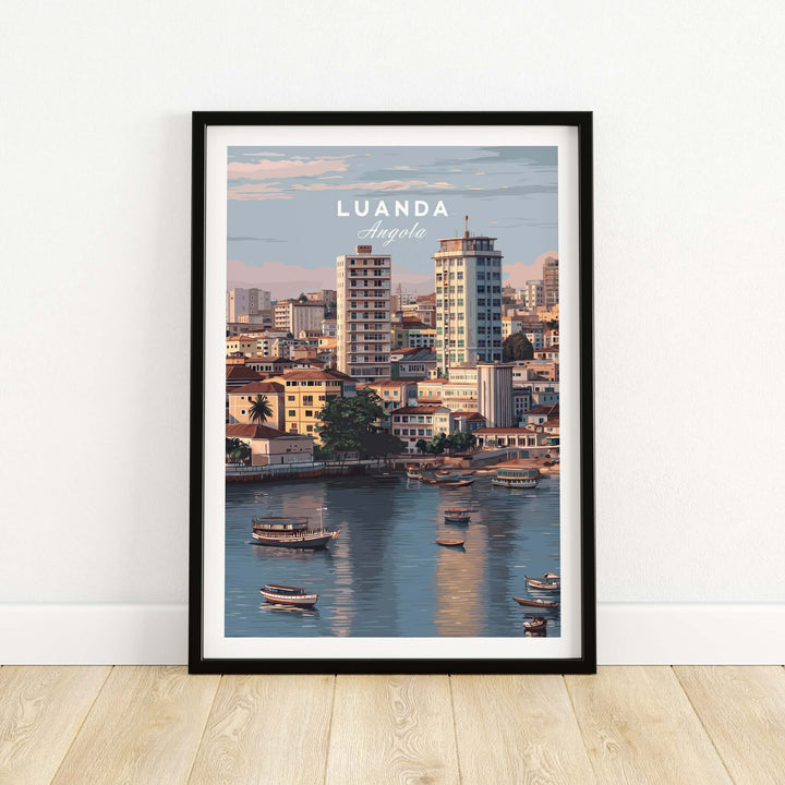 Luanda art print featuring Angola's city skyline and Kwanza River boats, perfect for unique wall decor.