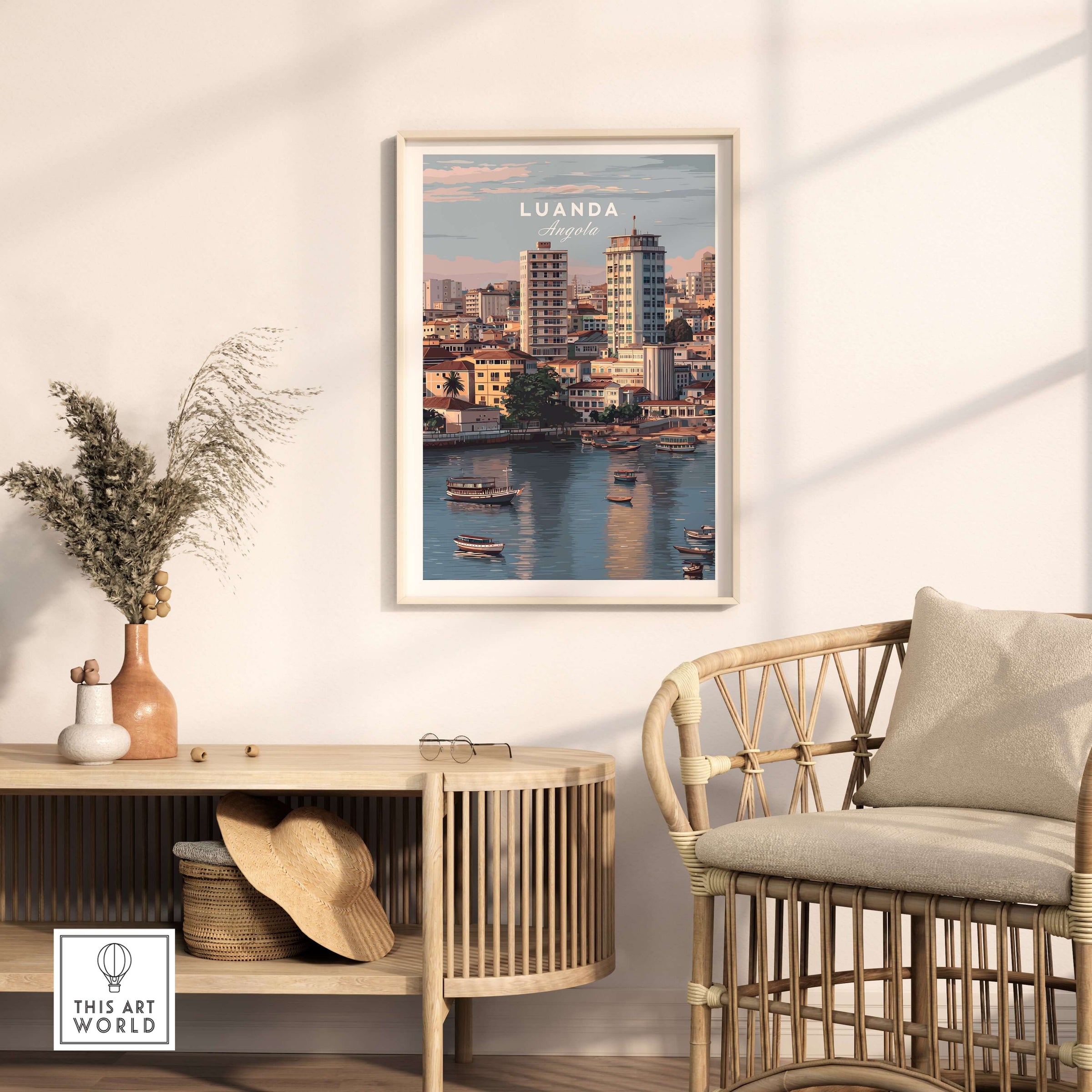 Luanda Art Print - African City Poster - Kwanza River Boats Wall Decor displayed on wall in stylish interior setting.