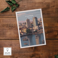 Luanda Art Print - African City Poster - Kwanza River Boats Wall Decor showcasing traditional boats on Kwanza River.