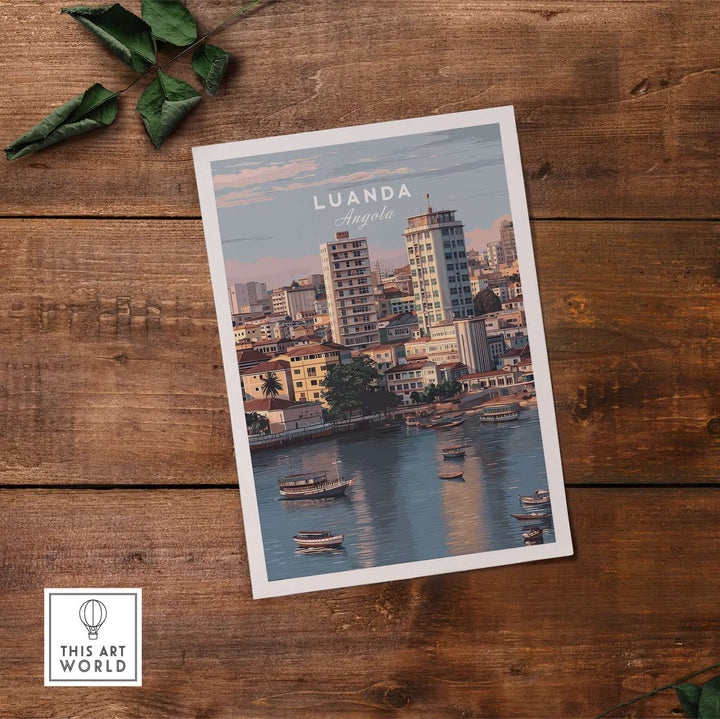Luanda art print showcasing traditional boats and city skyline, vibrant wall decor inspired by Angola's capital.