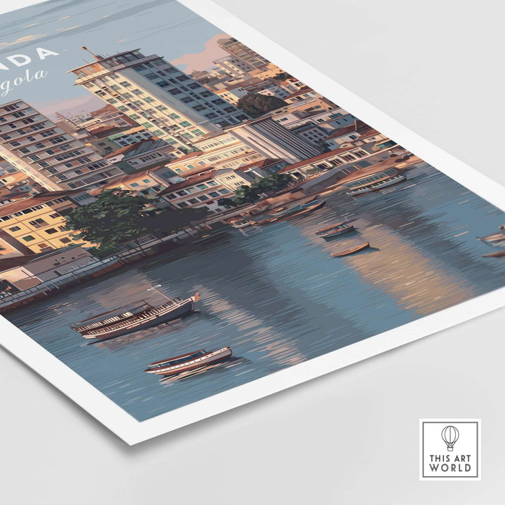 Luanda art print showcasing Kwanza River boats and vibrant cityscape of Angola's capital, perfect for wall decor.