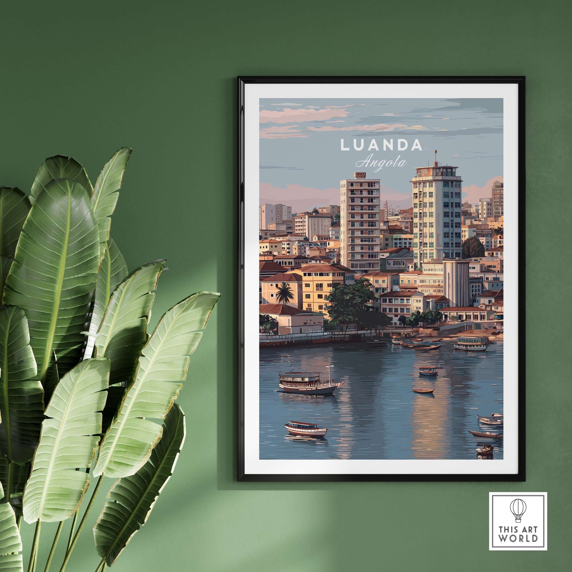 Luanda Art Print - African City Poster - Kwanza River Boats Wall Decor in framed display with vibrant cityscape.