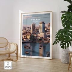 Luanda Art Print - African City Poster - Kwanza River Boats Wall Decor displayed in a modern interior setting.