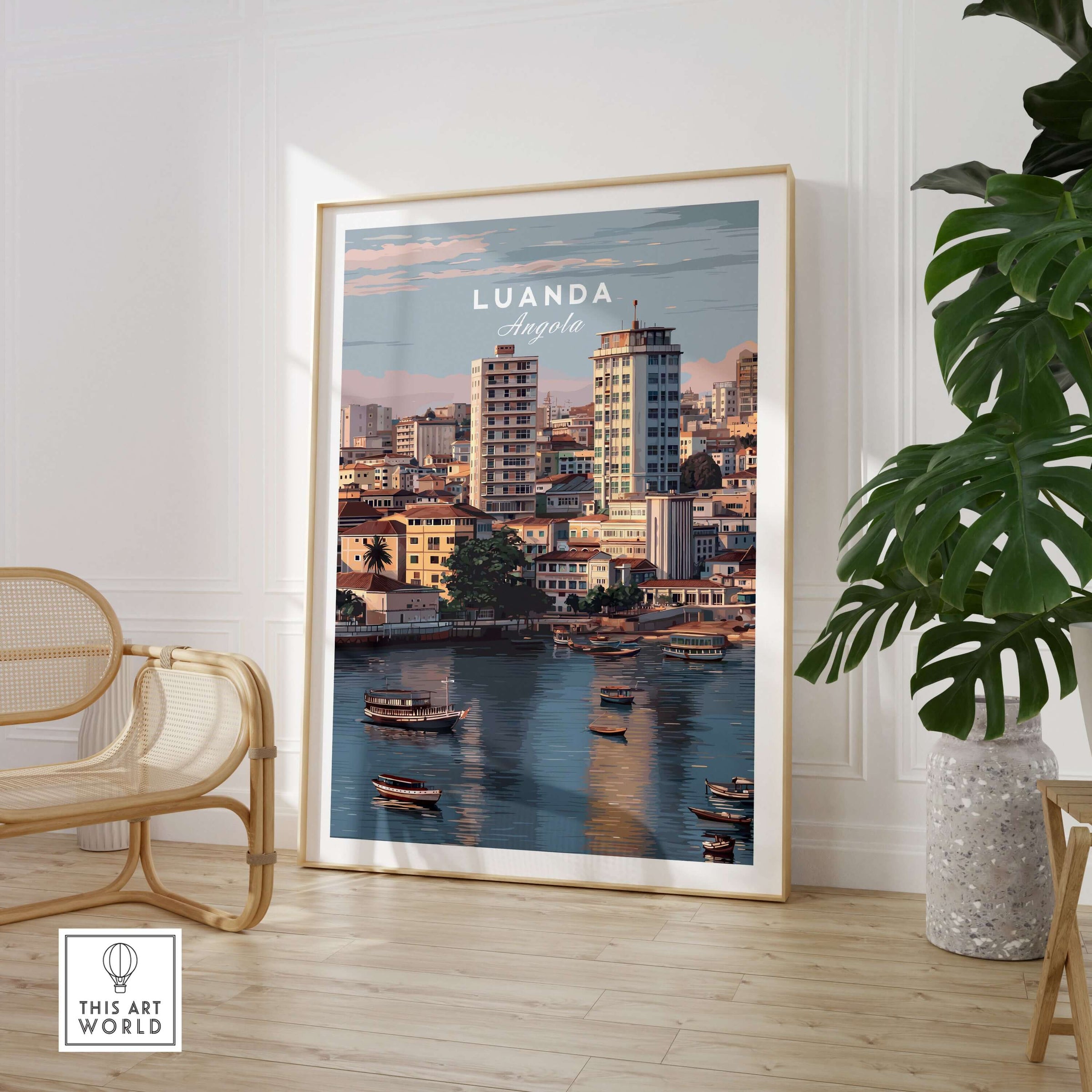 Luanda Art Print - African City Poster - Kwanza River Boats Wall Decor displayed in a modern interior setting.