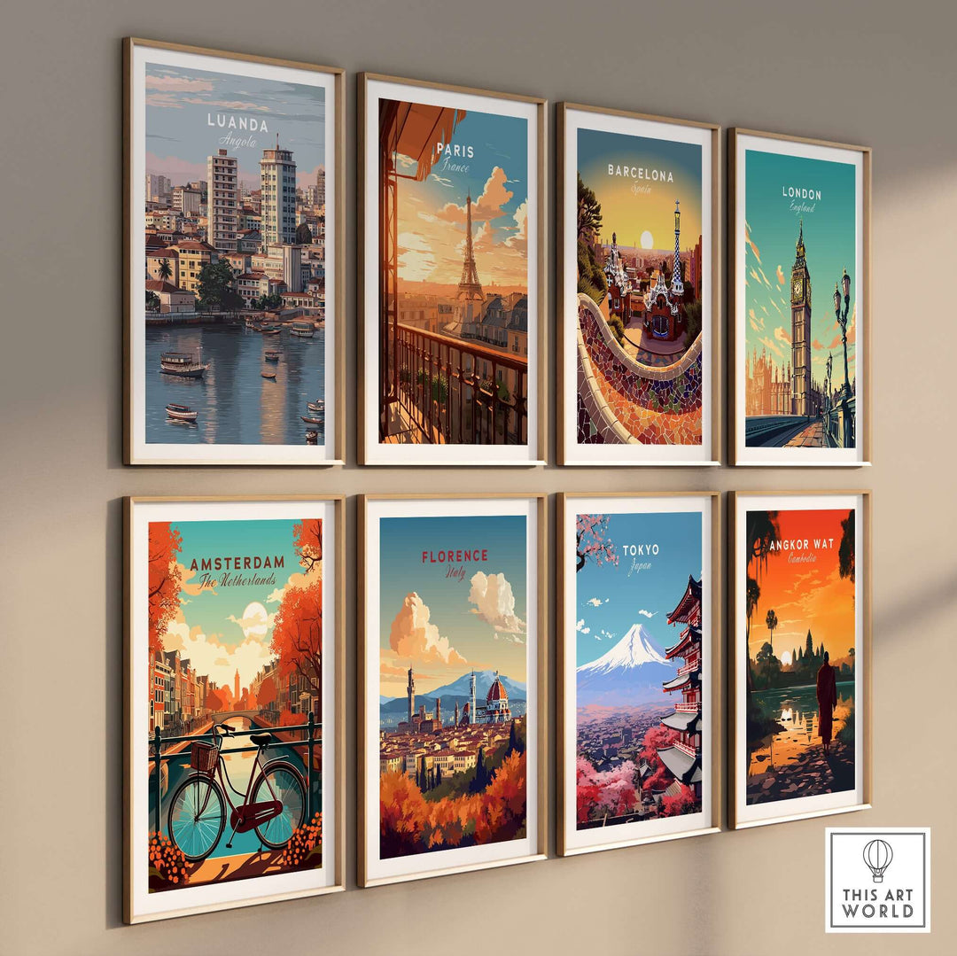Gallery wall of cityscape art prints featuring Luanda, Paris, Barcelona, London, Amsterdam, Florence, Tokyo, and Angkor Wat.
