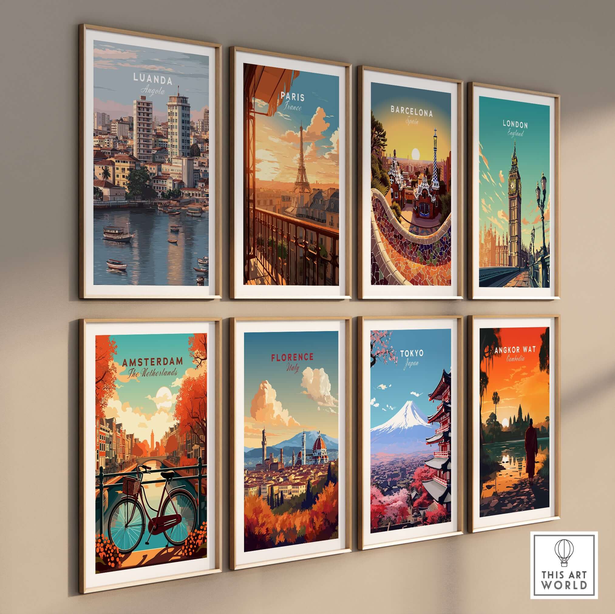 Luanda Art Print - African City Poster - Kwanza River Boats Wall Decor displayed in a gallery wall featuring global city posters.