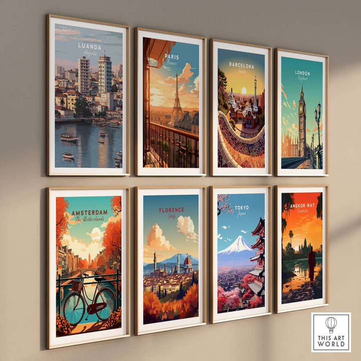 Gallery wall of cityscape art prints featuring Luanda, Paris, Barcelona, London, Amsterdam, Florence, Tokyo, and Angkor Wat.