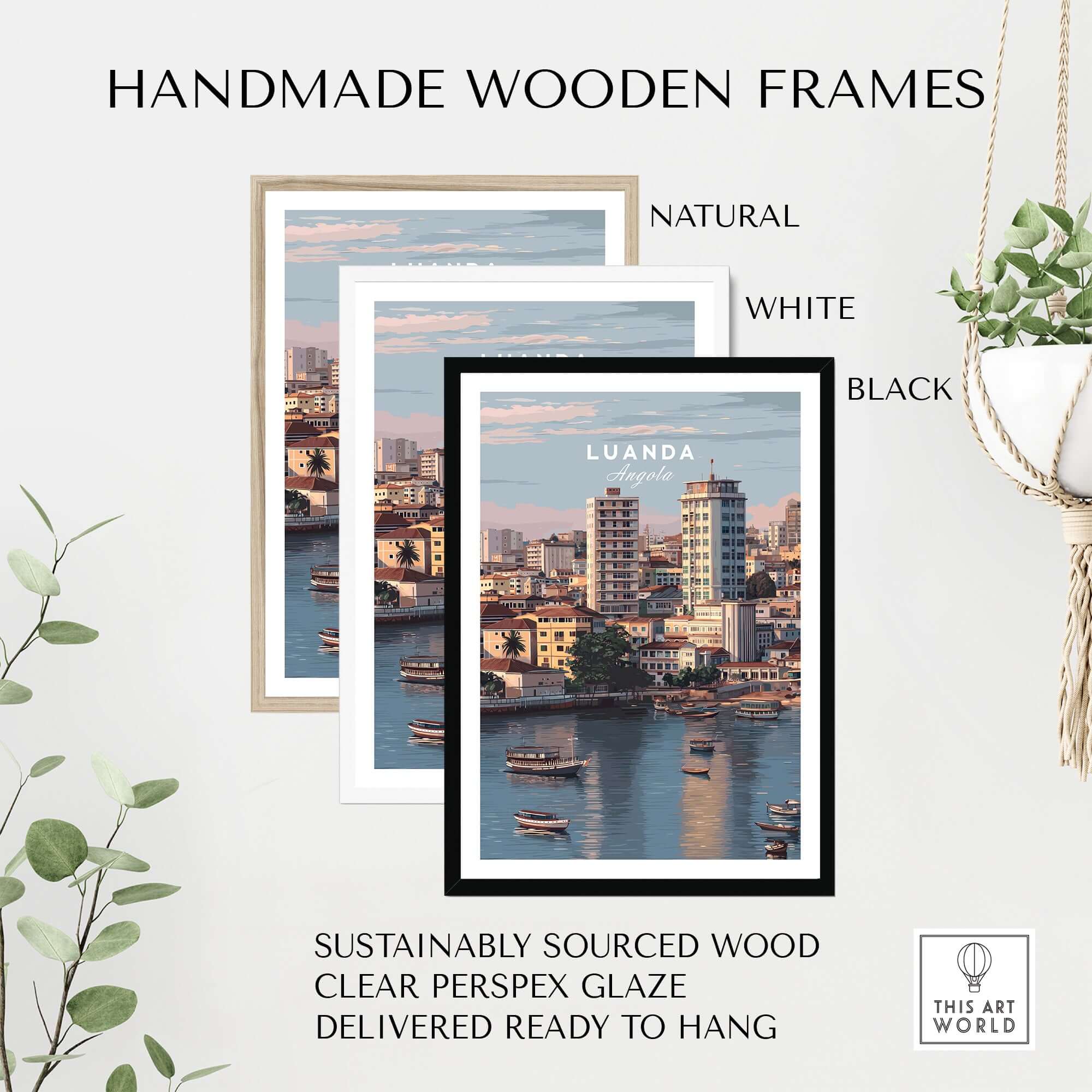 Luanda Art Print - African City Poster - Kwanza River Boats Wall Decor displayed in handmade wooden frames.