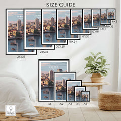 Luanda Art Print - African City Poster - Kwanza River Boats Wall Decor size guide showcasing various frame sizes.