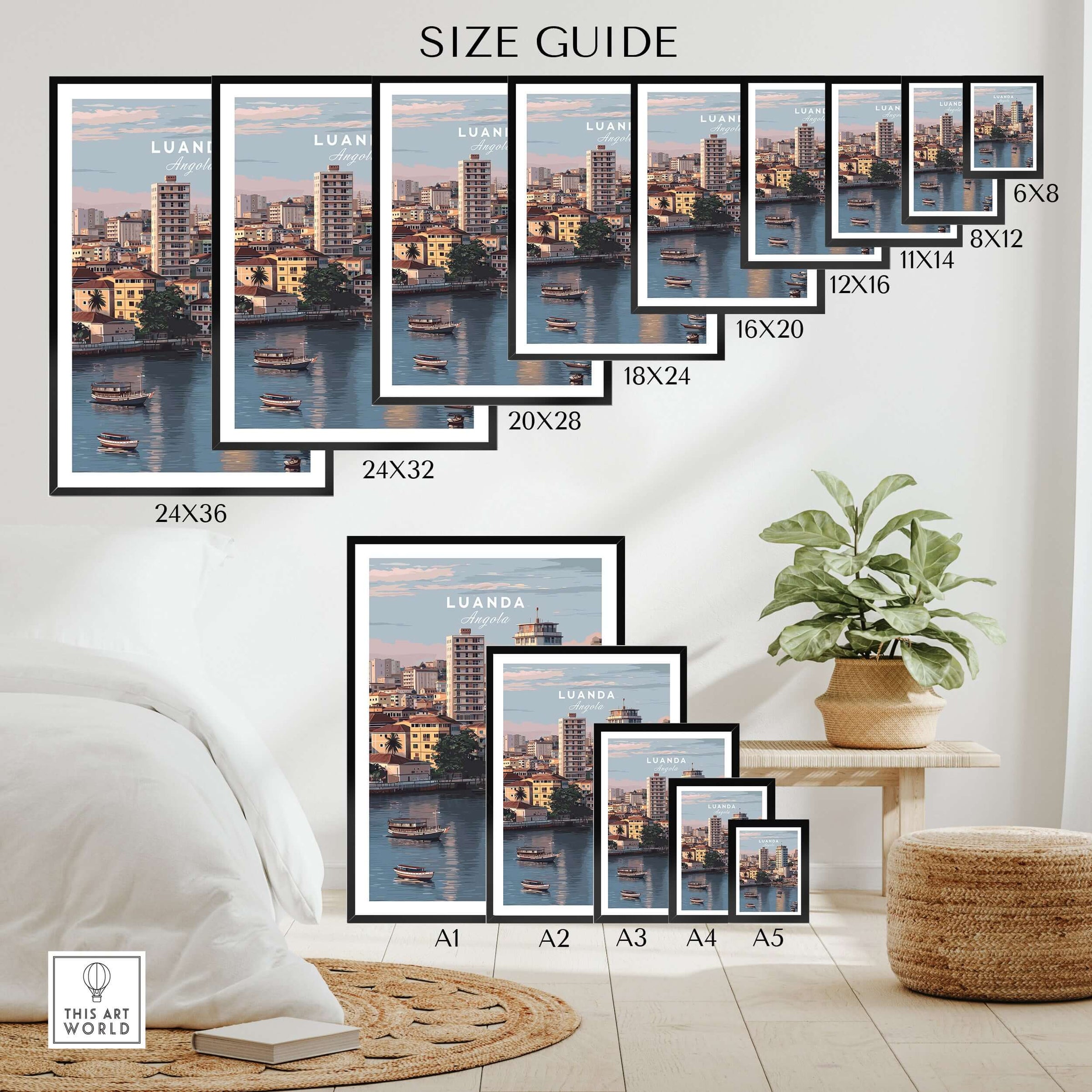 Luanda Art Print - African City Poster - Kwanza River Boats Wall Decor size guide showcasing various frame sizes.