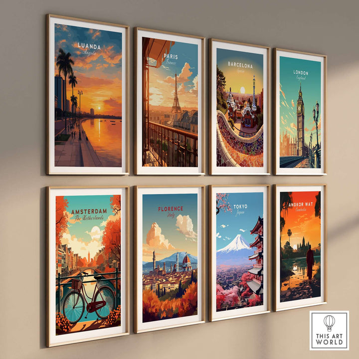 Collection of vibrant city art prints including Luanda, Paris, Barcelona, London, Amsterdam, Florence, Tokyo, and Angkor Wat.