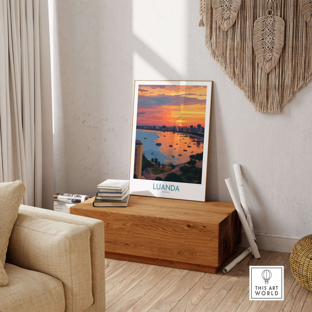 Luanda poster featuring a sunset over Angola Bay cityscape, displayed as wall decor in a cozy living room.