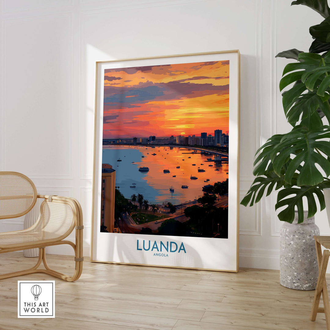 Luanda Poster featuring a sunset cityscape over Angola Bay, vibrant colors, and waterfront boats, perfect wall decor.