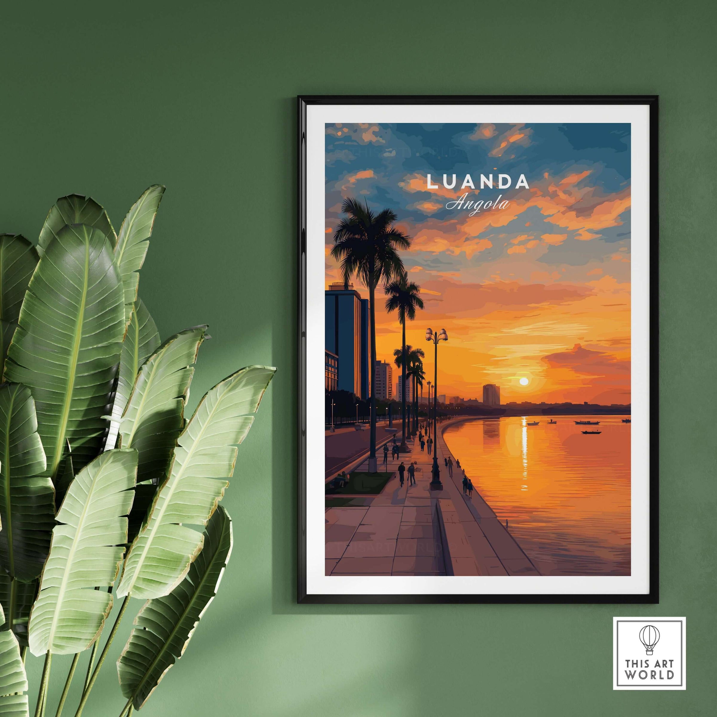 Luanda City at Dusk Print - African Urban Poster - Angola Palm Trees Sunset Art on a green wall with leaves.