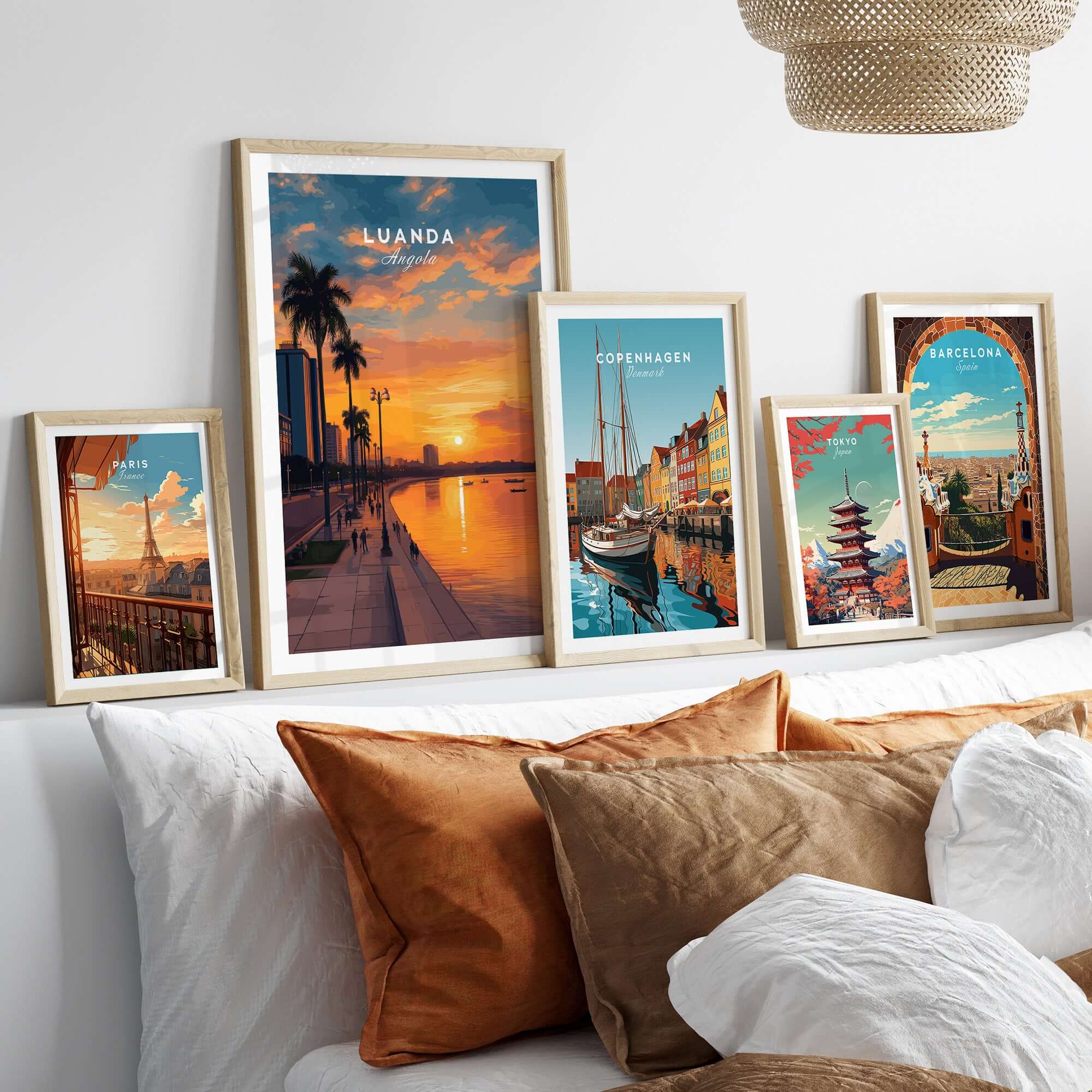 Luanda City at Dusk Print - African Urban Poster - Angola Palm Trees Sunset Art displayed on a modern wall.