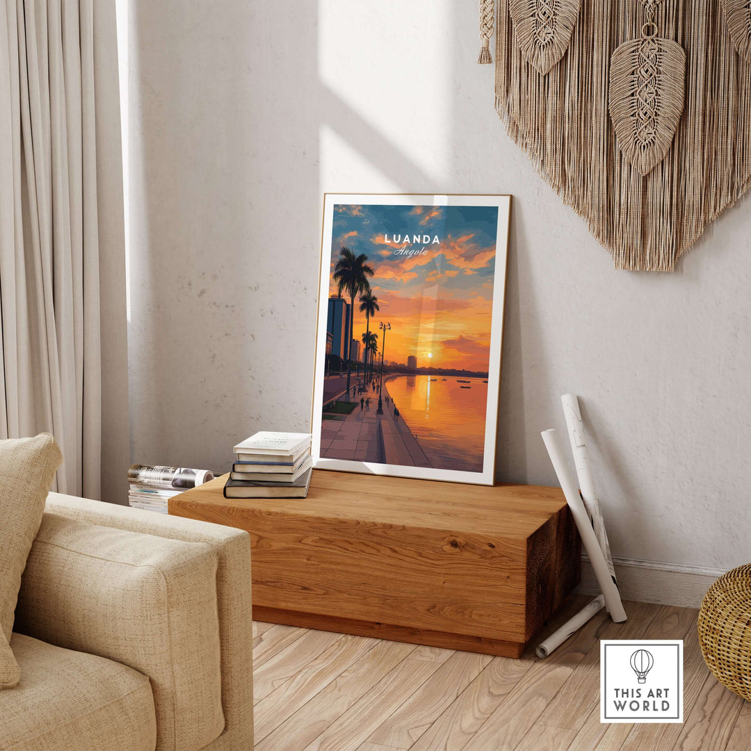 Luanda City at dusk print featuring palm trees and sunset in a cozy modern living room setting.
