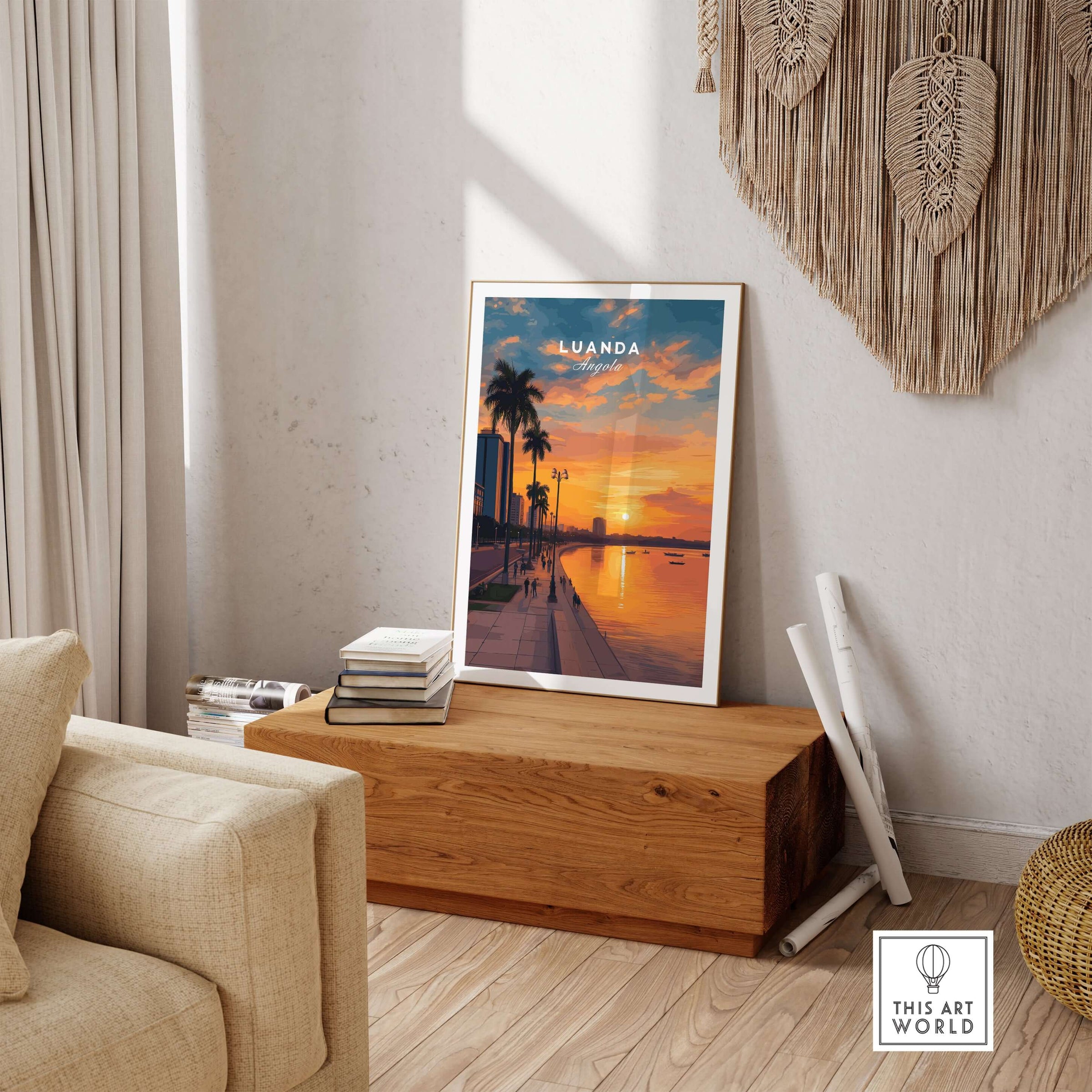 Luanda City at Dusk Print - African Urban Poster - Angola Palm Trees Sunset Art displayed in a serene living room setting.